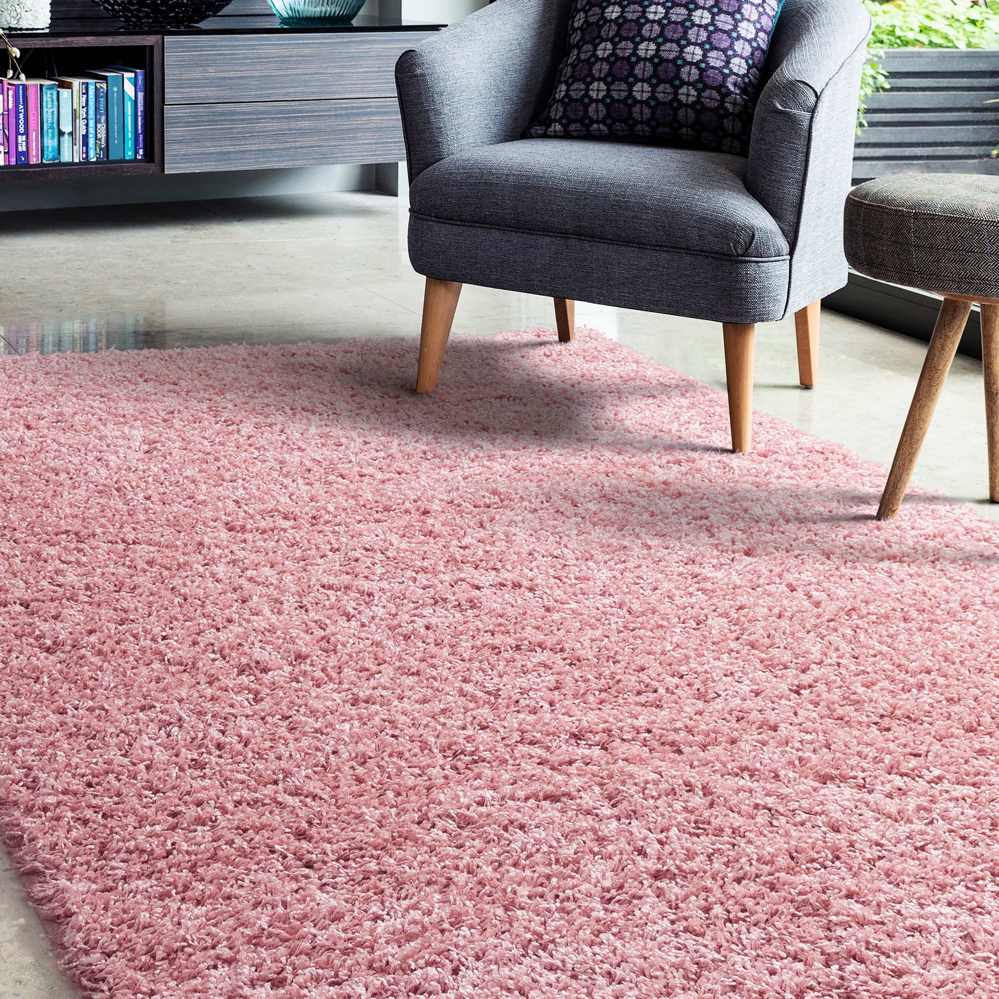 Jazz Shaggy Plain Modern Rugs In Blush Pink